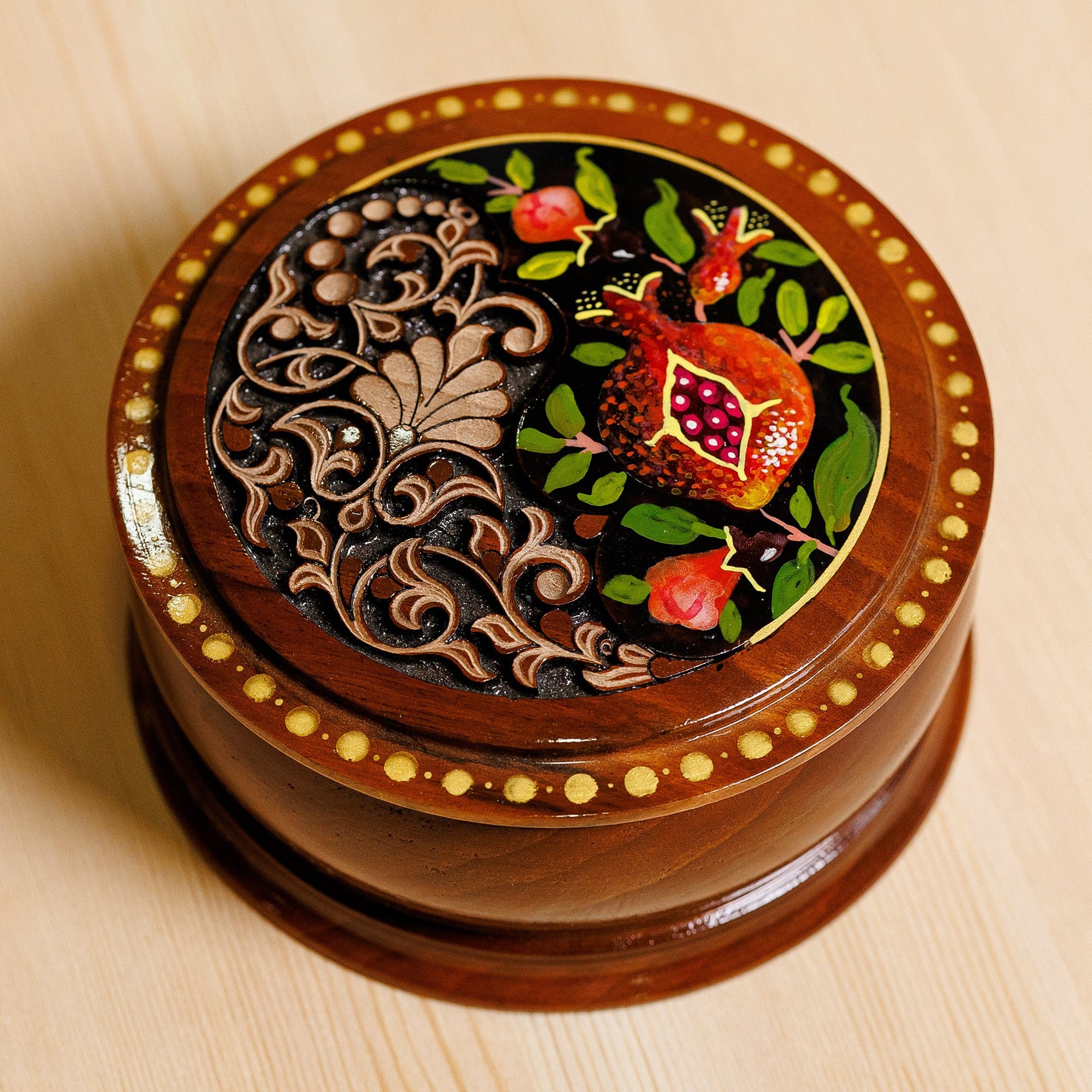 Leafy and Pomegranate-Themed Round Walnut Wood Jewelry Box - Pomegranate Treasure