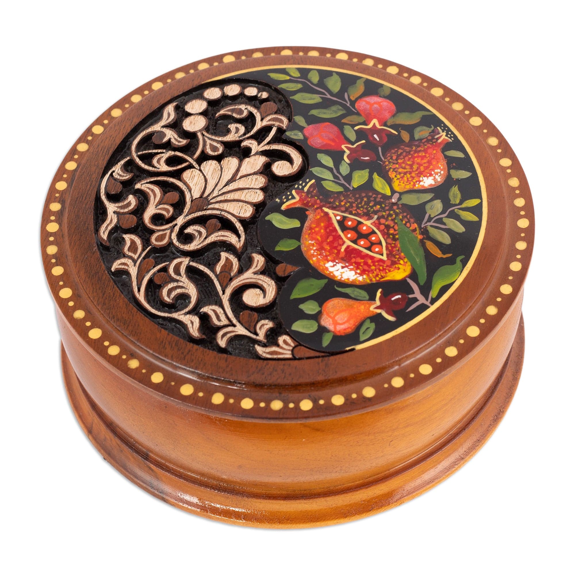 Leafy and Pomegranate-Themed Round Walnut Wood Jewelry Box - Pomegranate Treasure