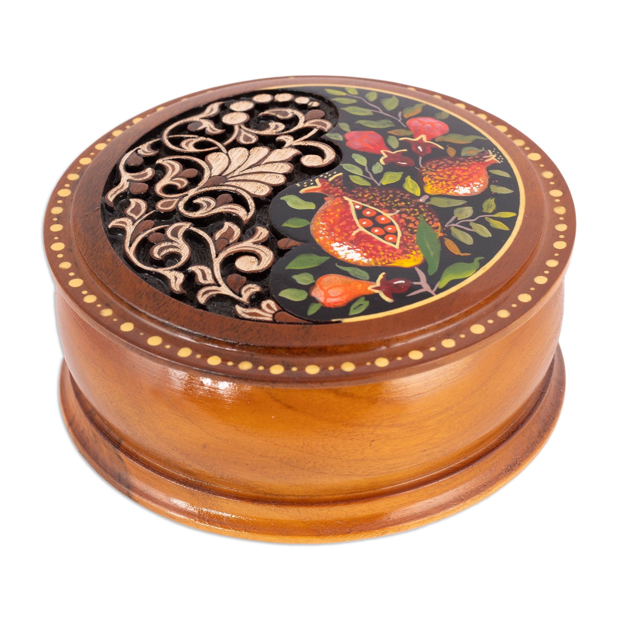 Leafy and Pomegranate-Themed Round Walnut Wood Jewelry Box - Pomegranate Treasure