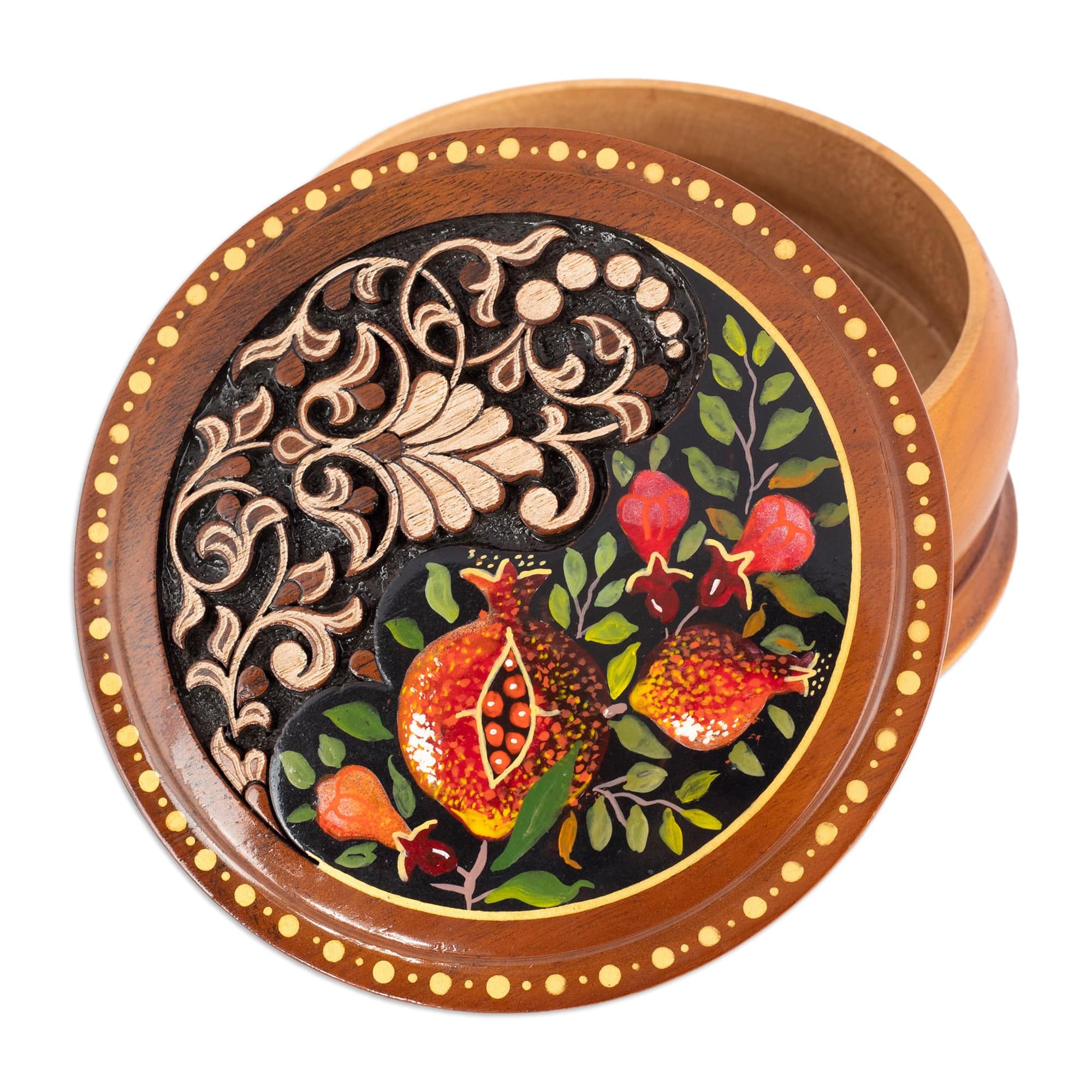 Leafy and Pomegranate-Themed Round Walnut Wood Jewelry Box - Pomegranate Treasure