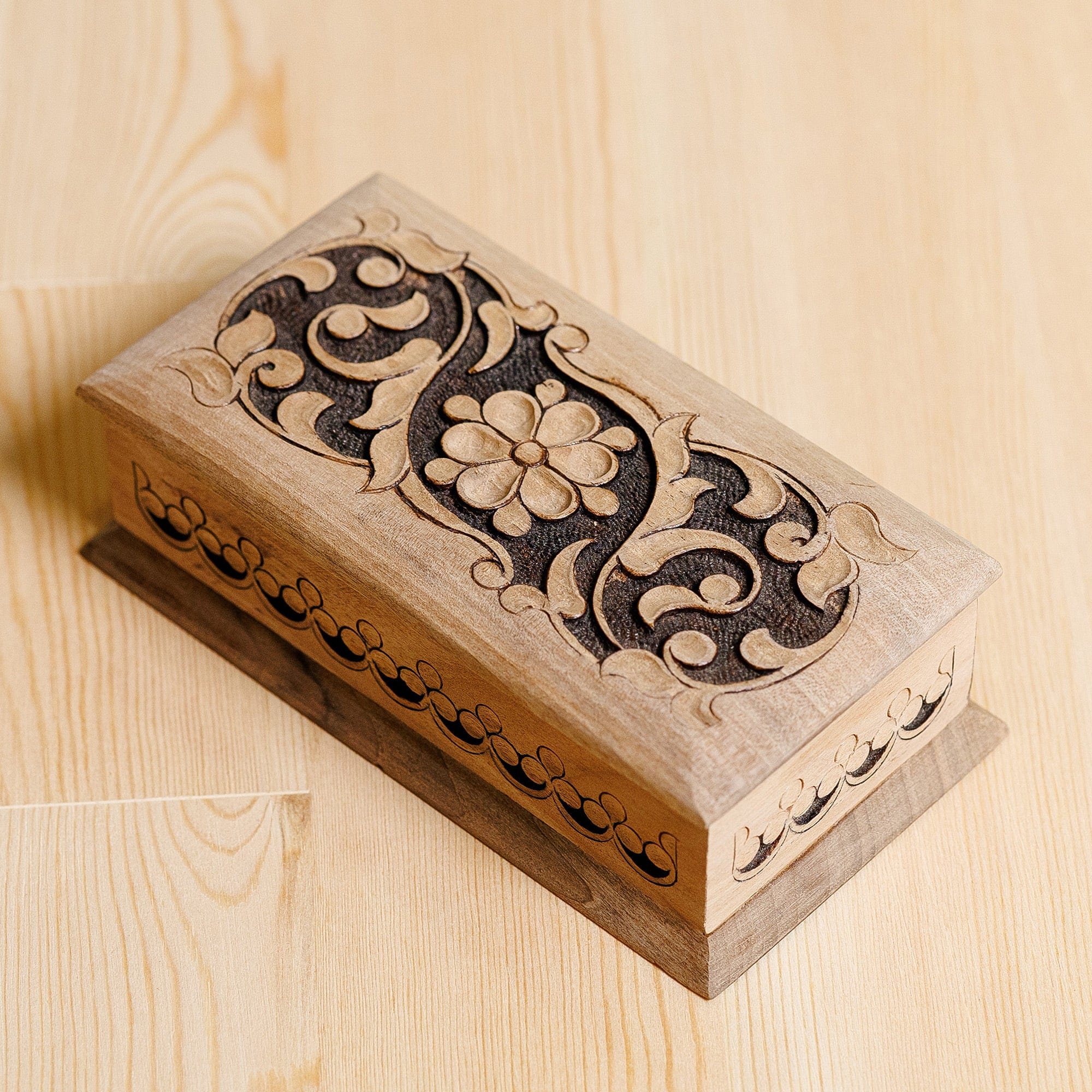 Traditional and Floral Polished Walnut Wood Jewelry Box - Garden Jewels