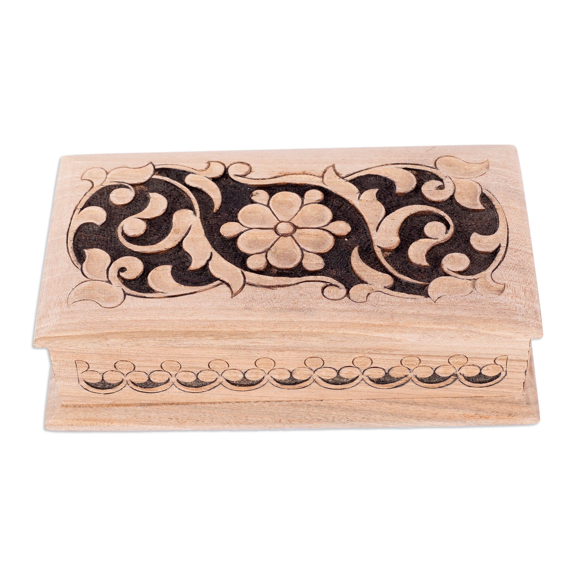 Traditional and Floral Polished Walnut Wood Jewelry Box - Garden Jewels