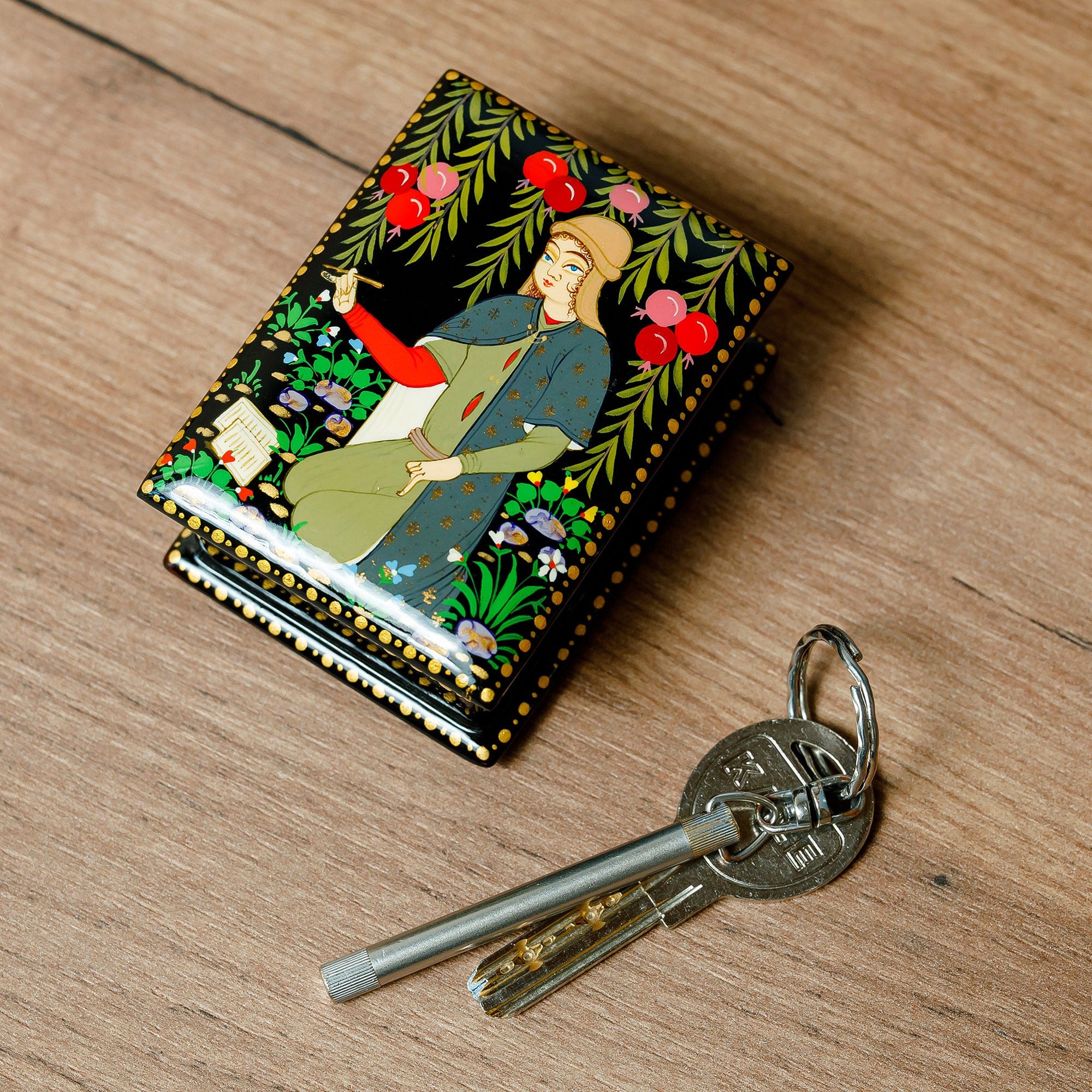 Handmade Lacquered Walnut Wood Jewelry Box with Poet Scene - Memories from the Poet