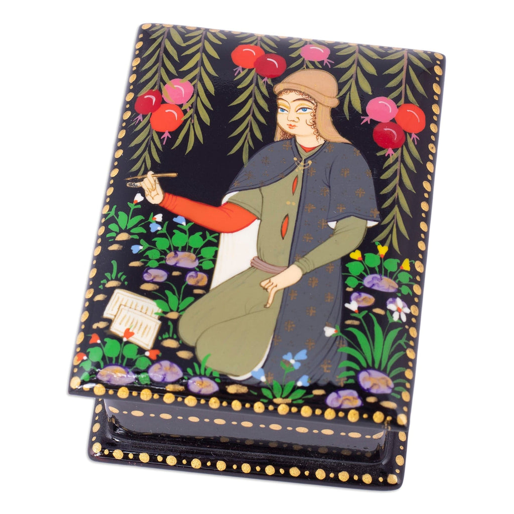 Handmade Lacquered Walnut Wood Jewelry Box with Poet Scene - Memories from the Poet