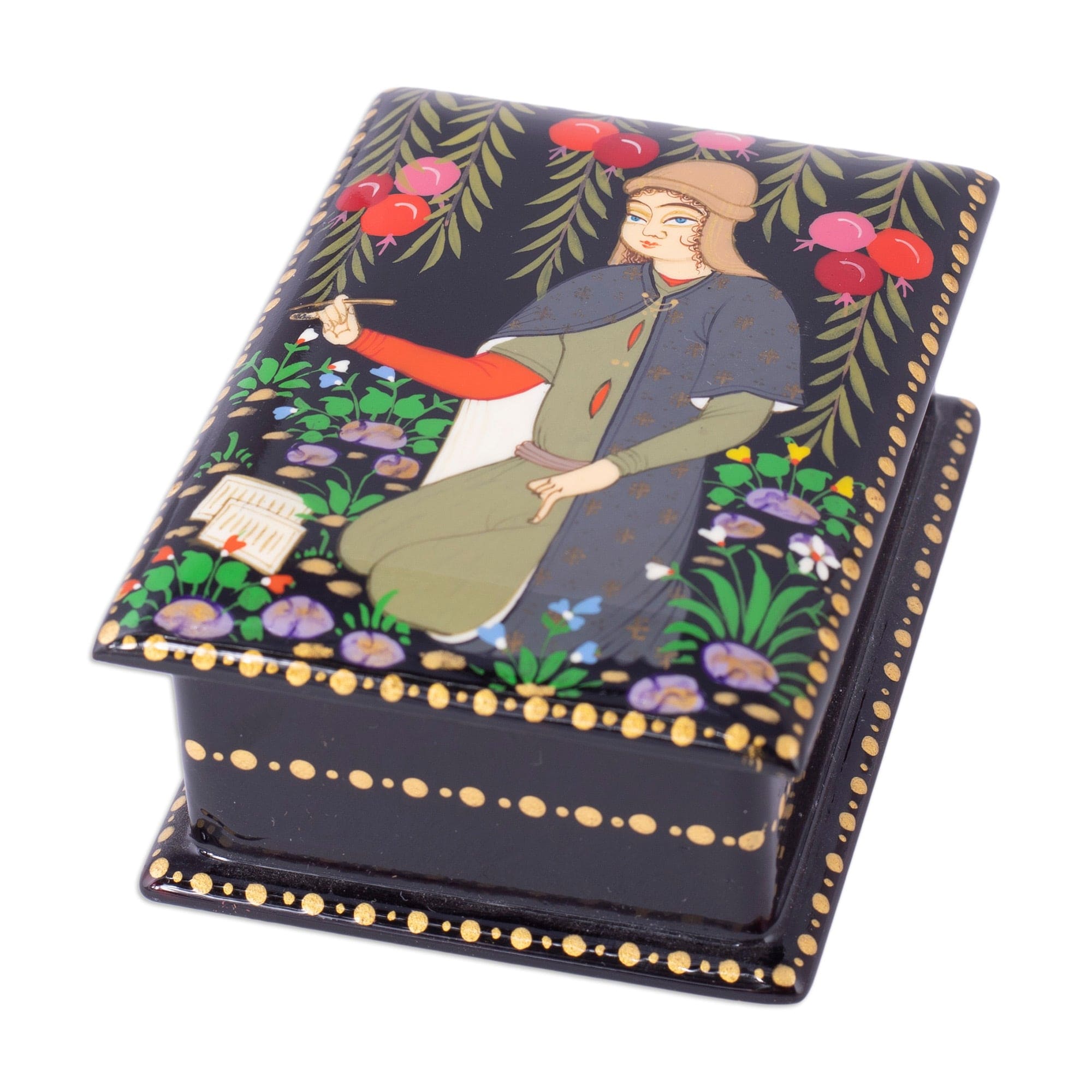 Handmade Lacquered Walnut Wood Jewelry Box with Poet Scene - Memories from the Poet