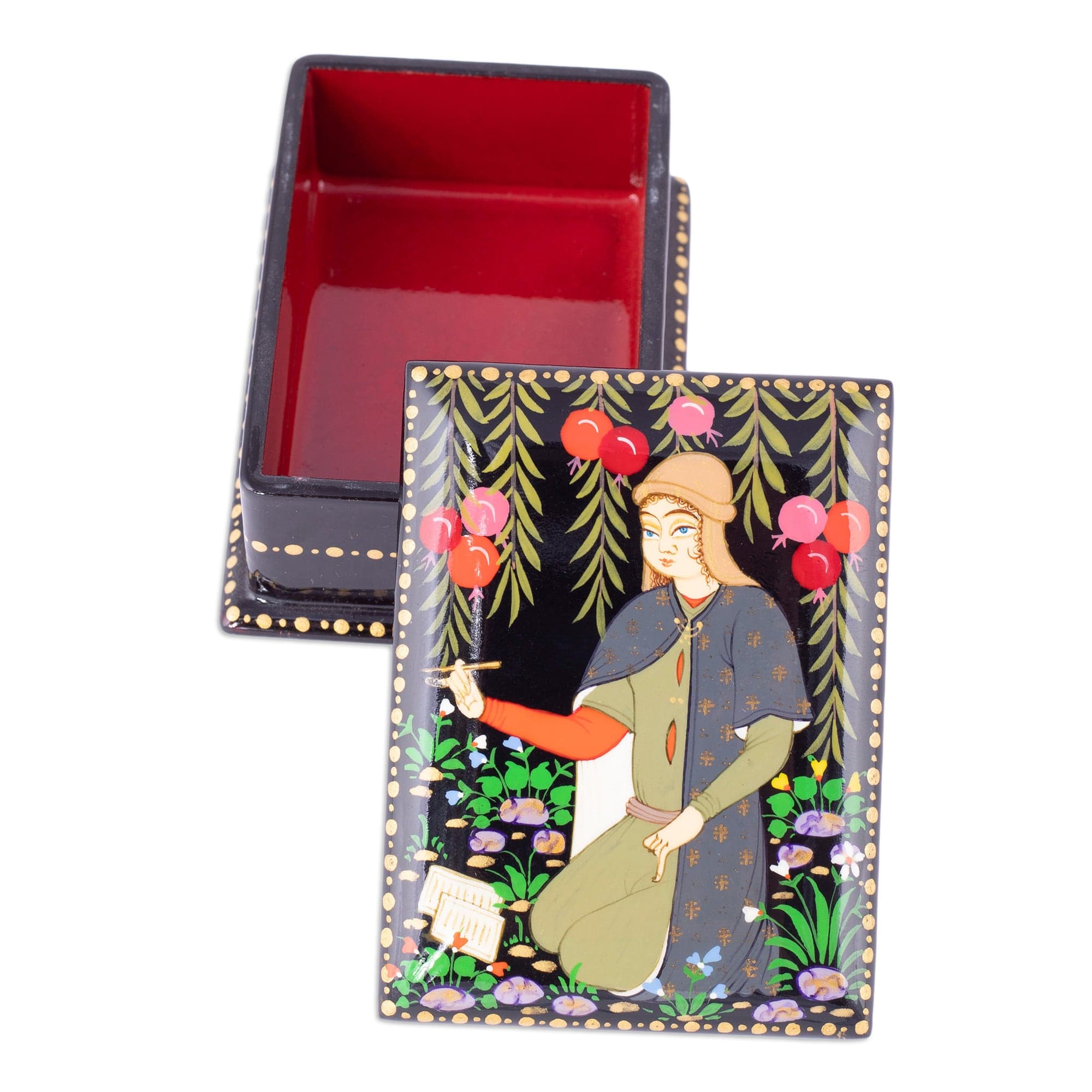 Handmade Lacquered Walnut Wood Jewelry Box with Poet Scene - Memories from the Poet