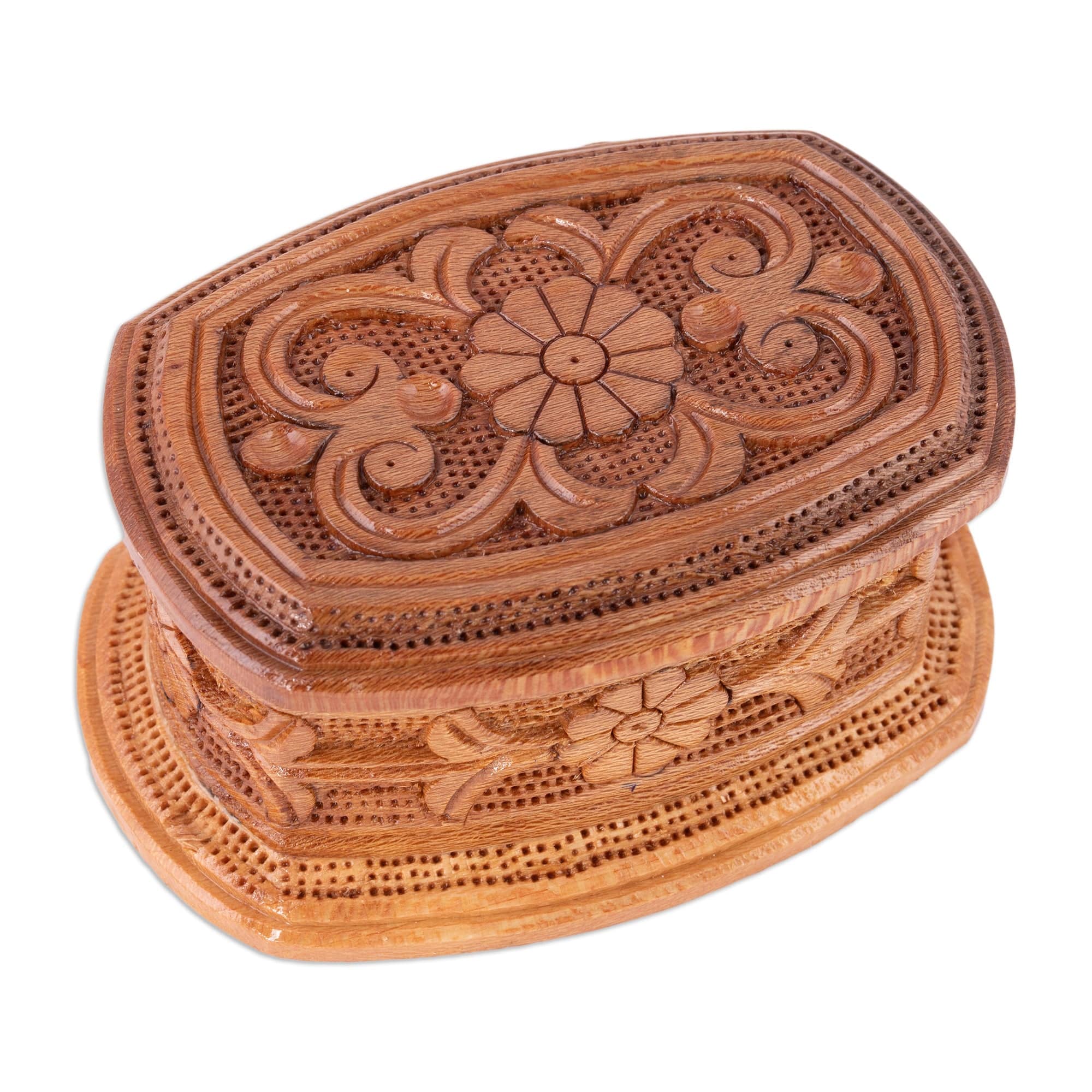 Hand-Carved Floral Elm Tree Wood Jewelry Box from Uzbekistan - Flowers from Uzbekistan
