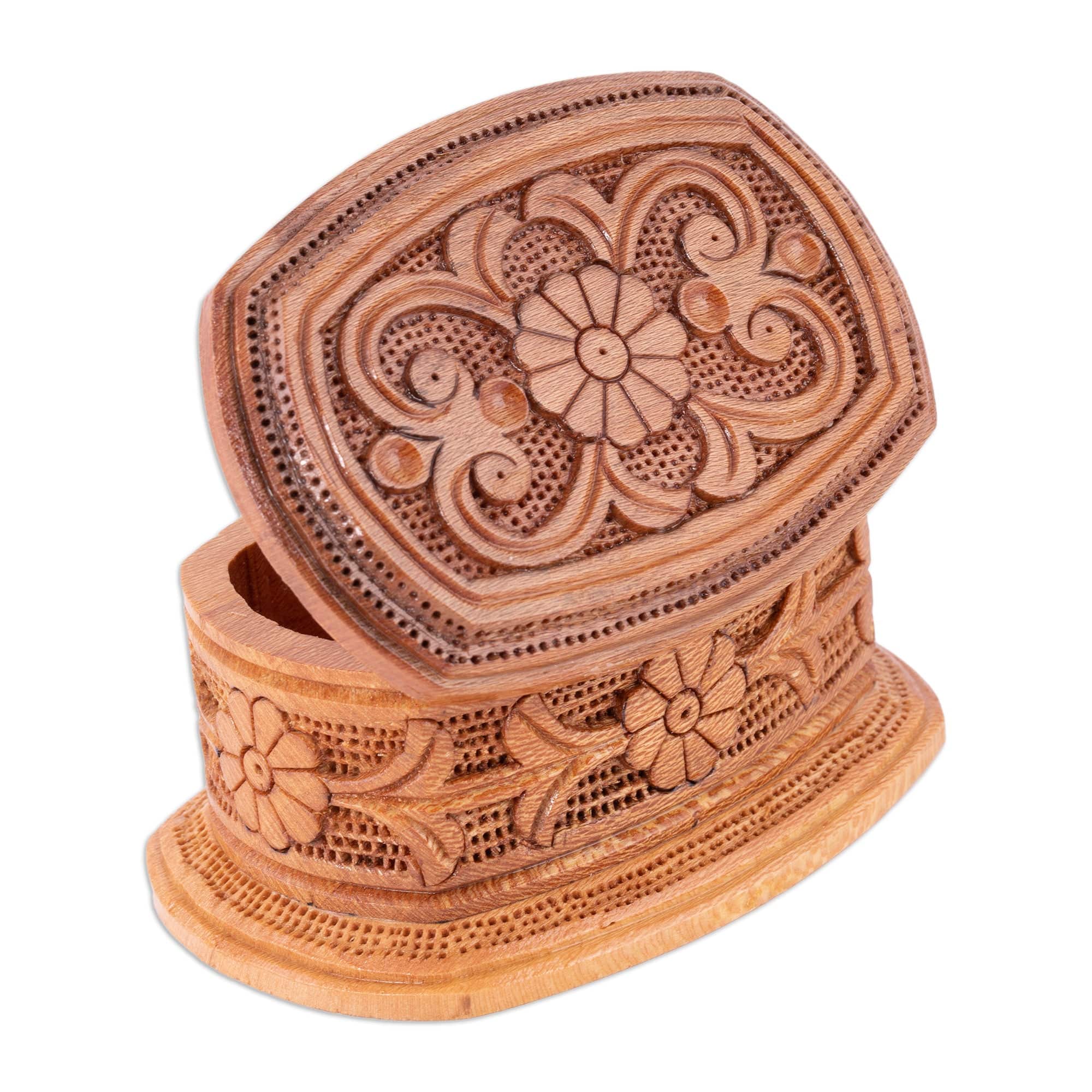 Hand-Carved Floral Elm Tree Wood Jewelry Box from Uzbekistan - Flowers from Uzbekistan