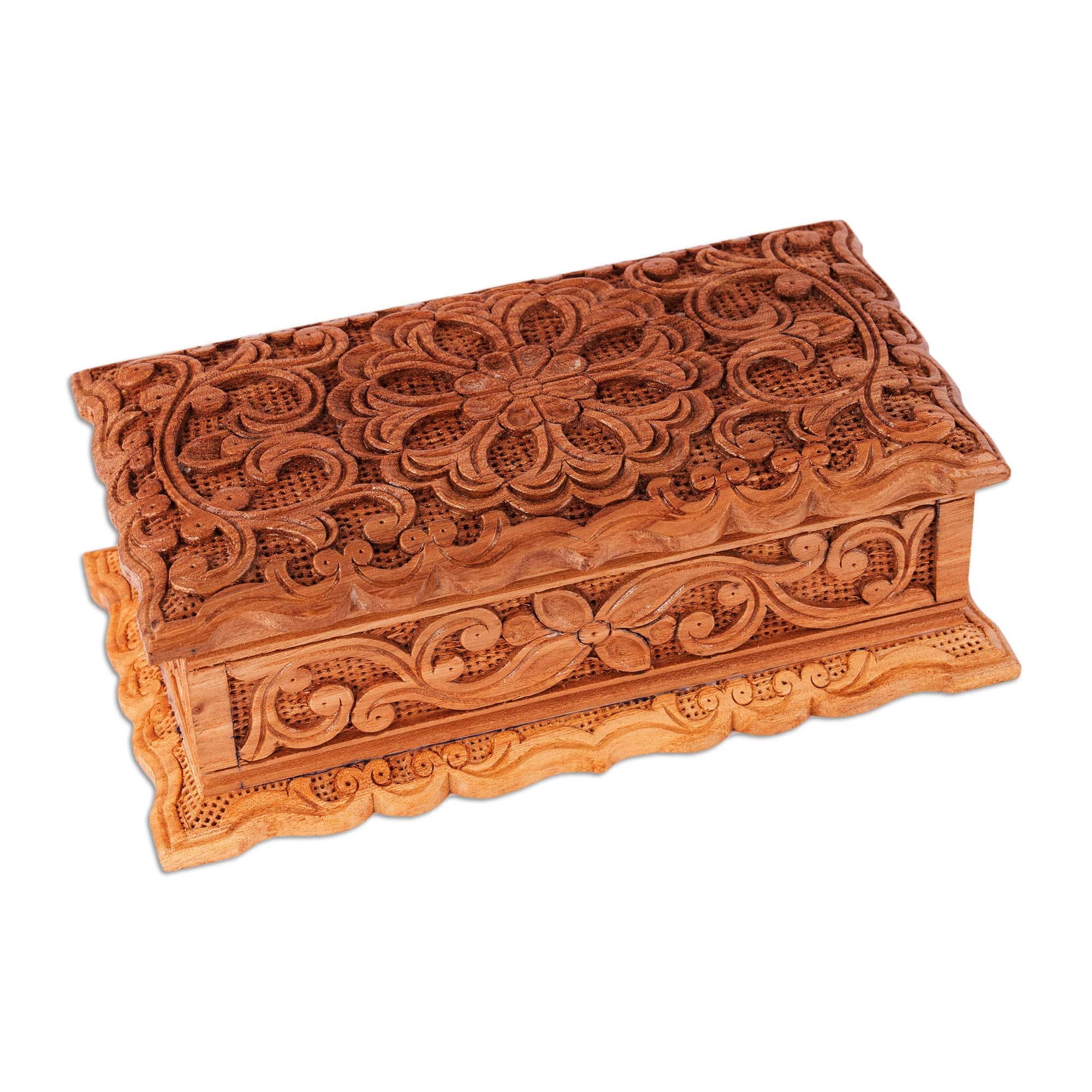 Hand-Carved Floral Natural Brown Elm Tree Wood Jewelry Box - Secret Bouquet