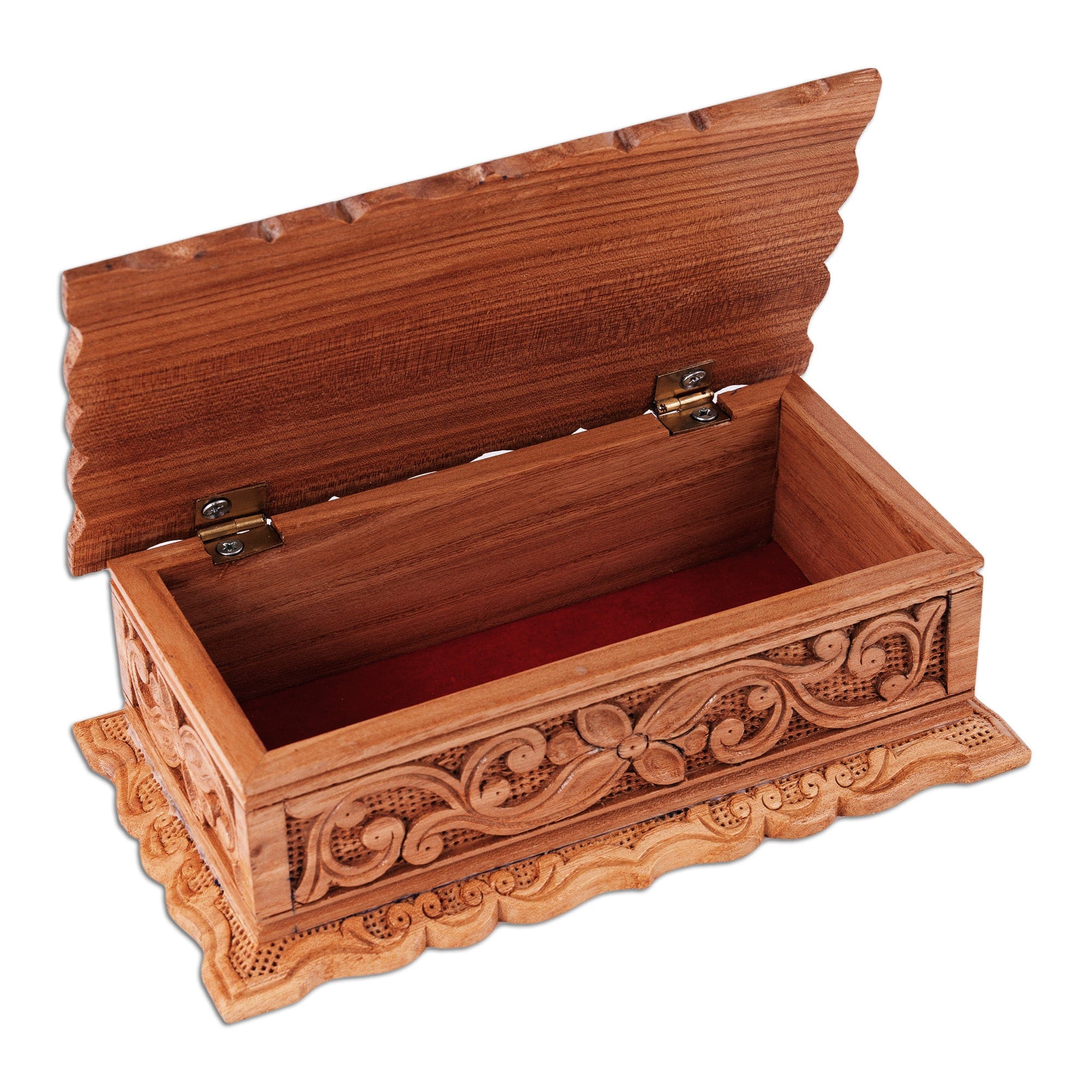 Hand-Carved Floral Natural Brown Elm Tree Wood Jewelry Box - Secret Bouquet