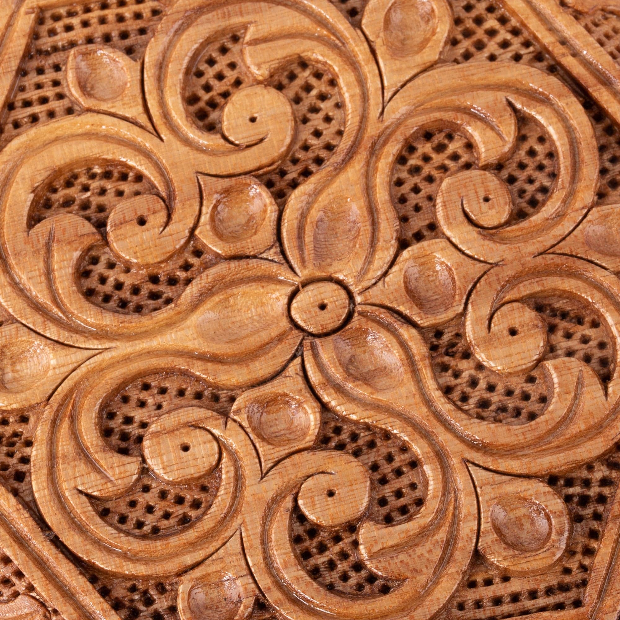 Hand-Carved Floral Natural Brown Elm Tree Wood Jewelry Box - Secret Bouquet