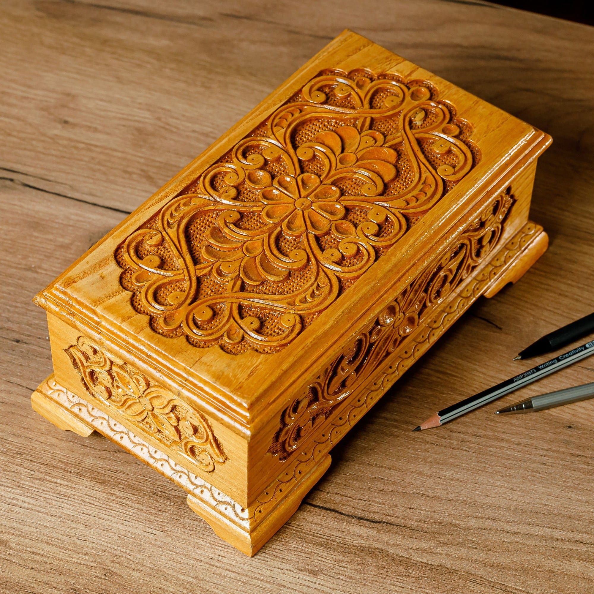 Hand-Carved Classic Walnut Wood Jewelry Box - Secret Arcadia