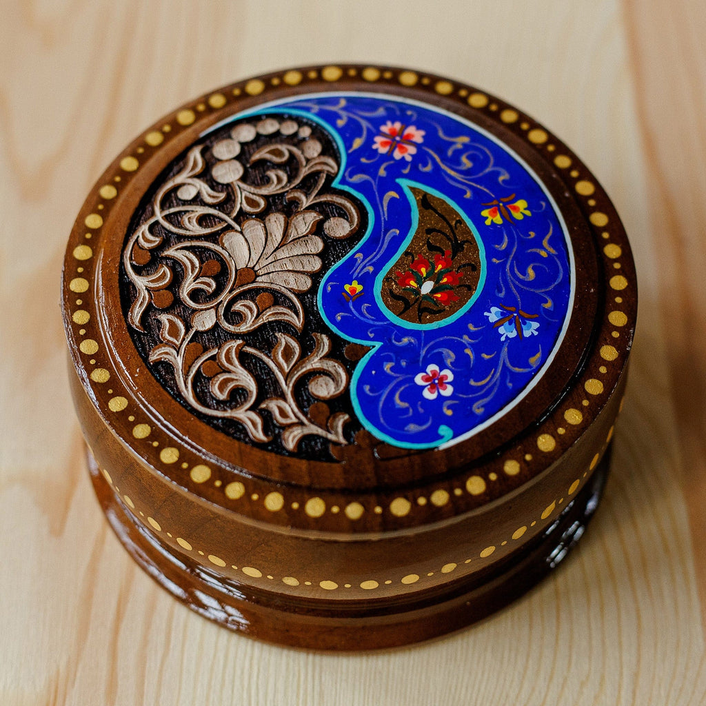 Brown and Blue Wood Jewelry Box with Paisley & Floral Motifs - Azure Paisley Glory