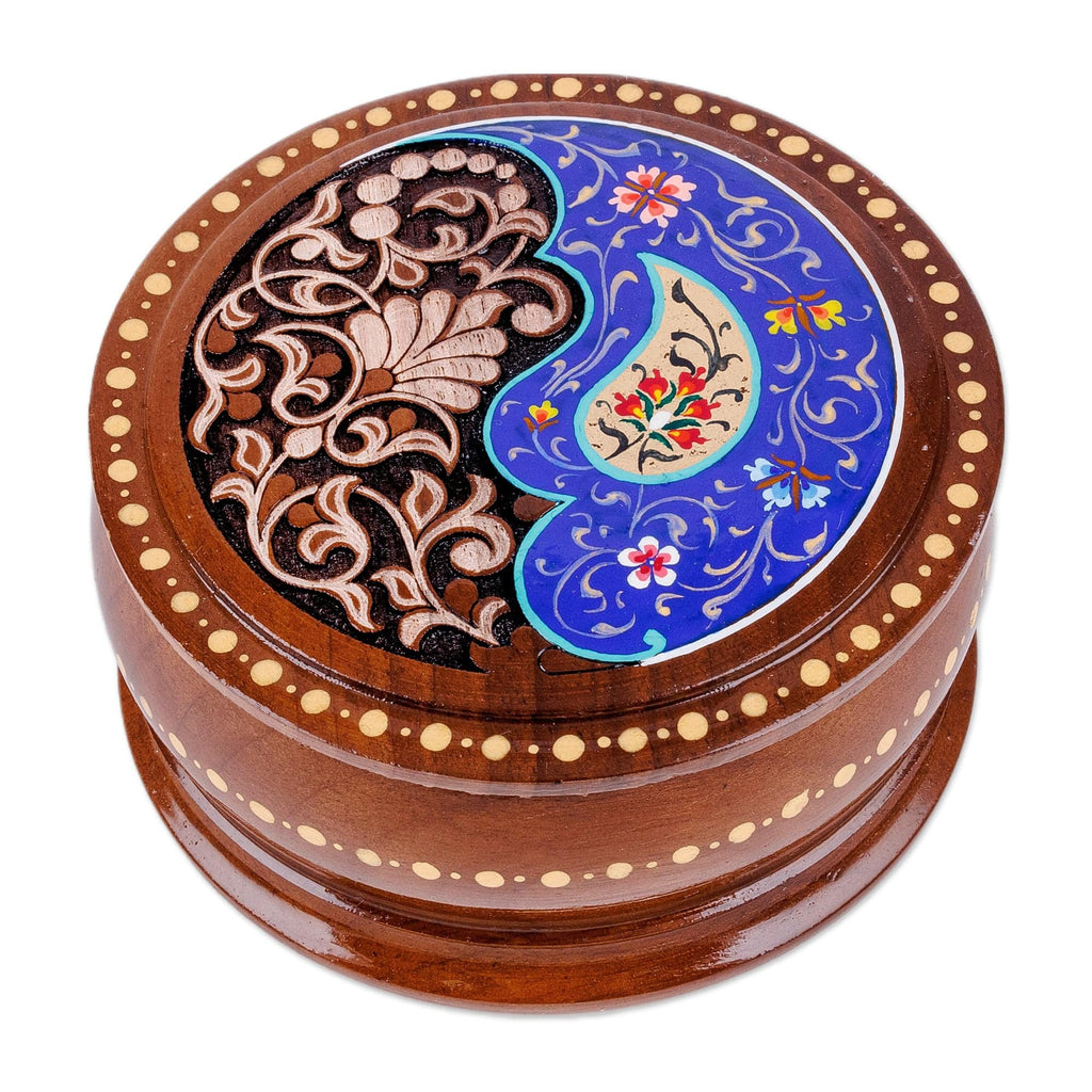 Brown and Blue Wood Jewelry Box with Paisley & Floral Motifs - Azure Paisley Glory