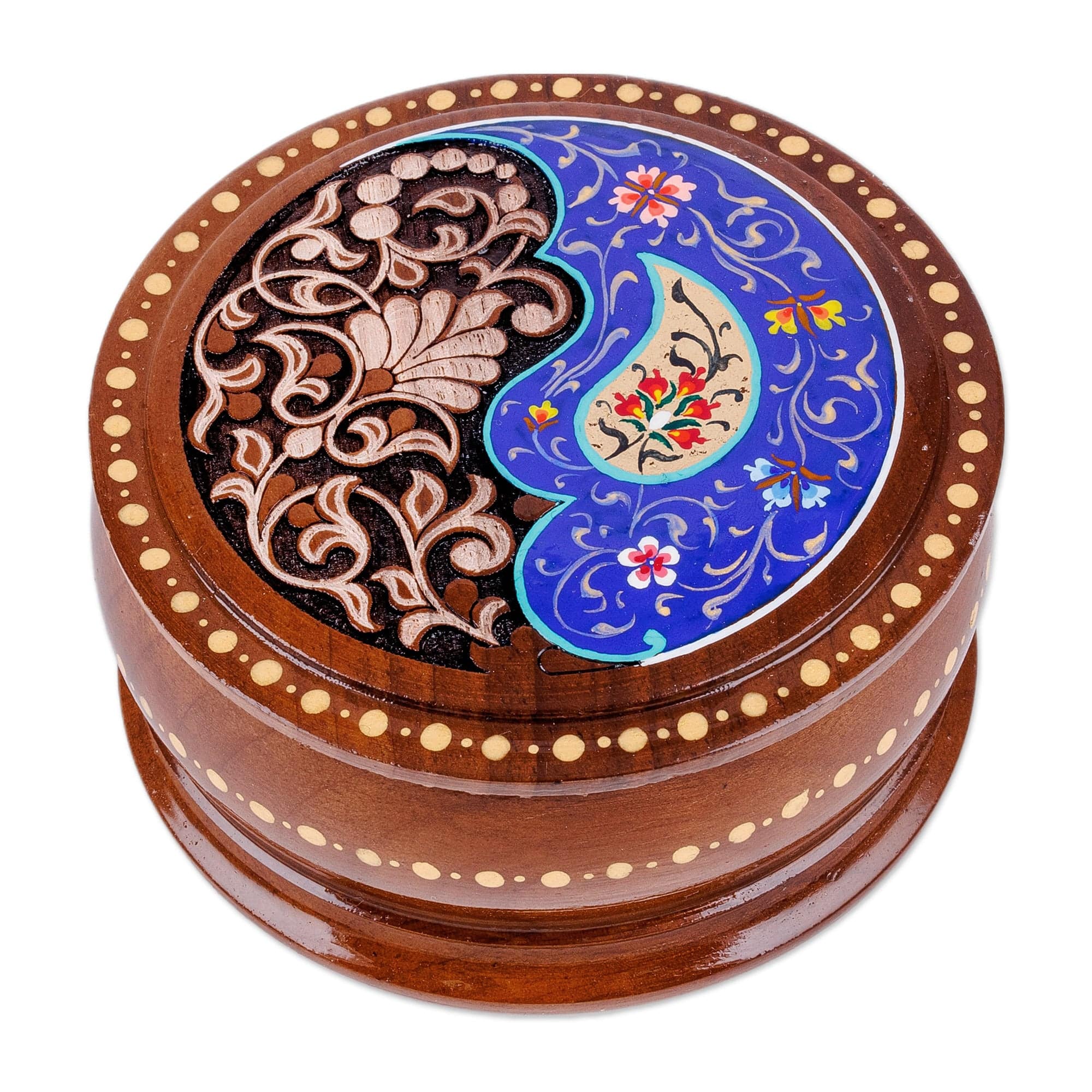 Brown and Blue Wood Jewelry Box with Paisley & Floral Motifs - Azure Paisley Glory
