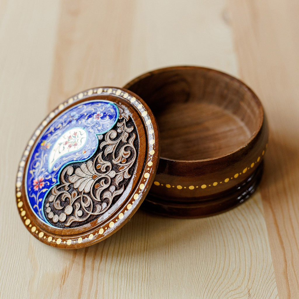 Brown and Blue Wood Jewelry Box with Paisley & Floral Motifs - Azure Paisley Glory