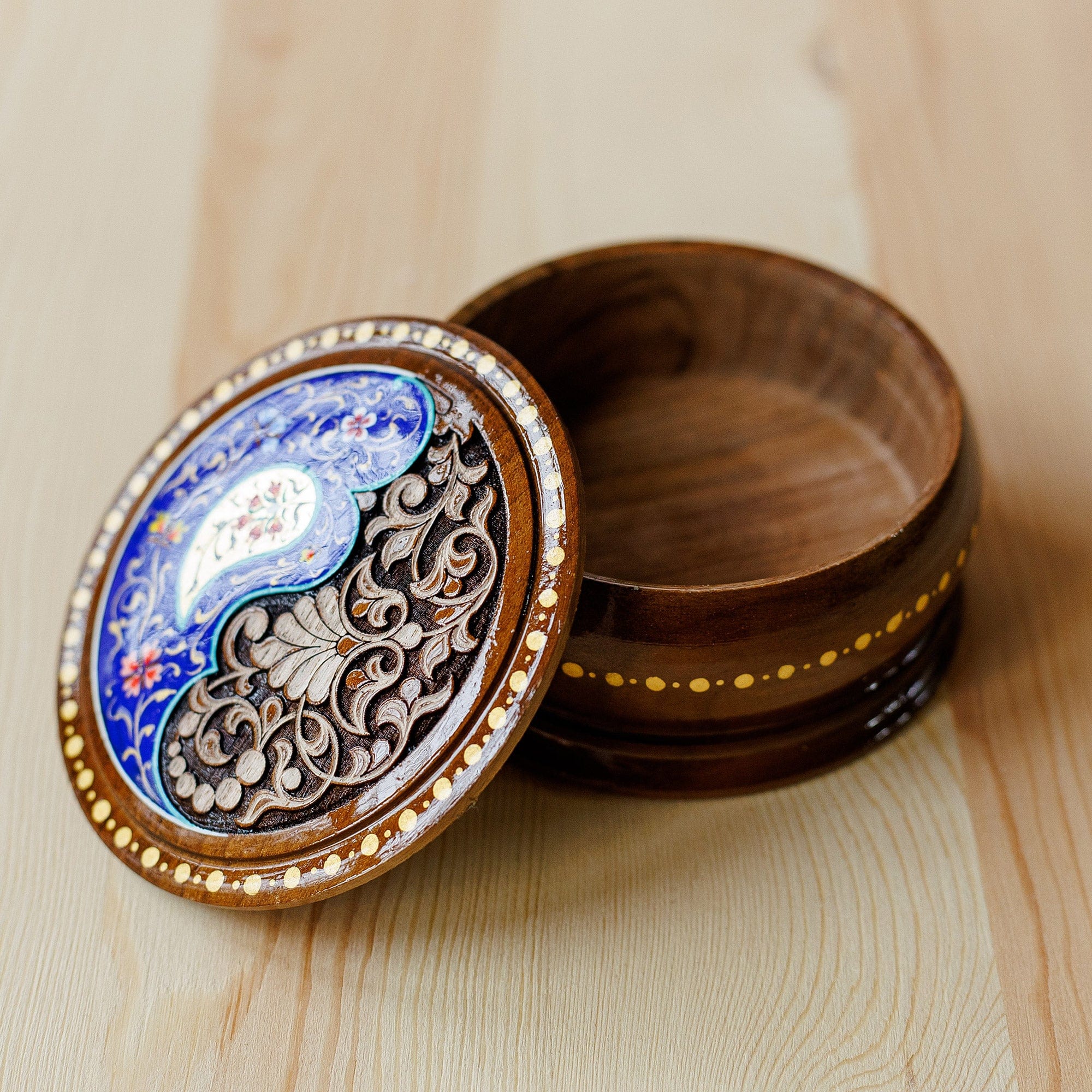 Brown and Blue Wood Jewelry Box with Paisley & Floral Motifs - Azure Paisley Glory