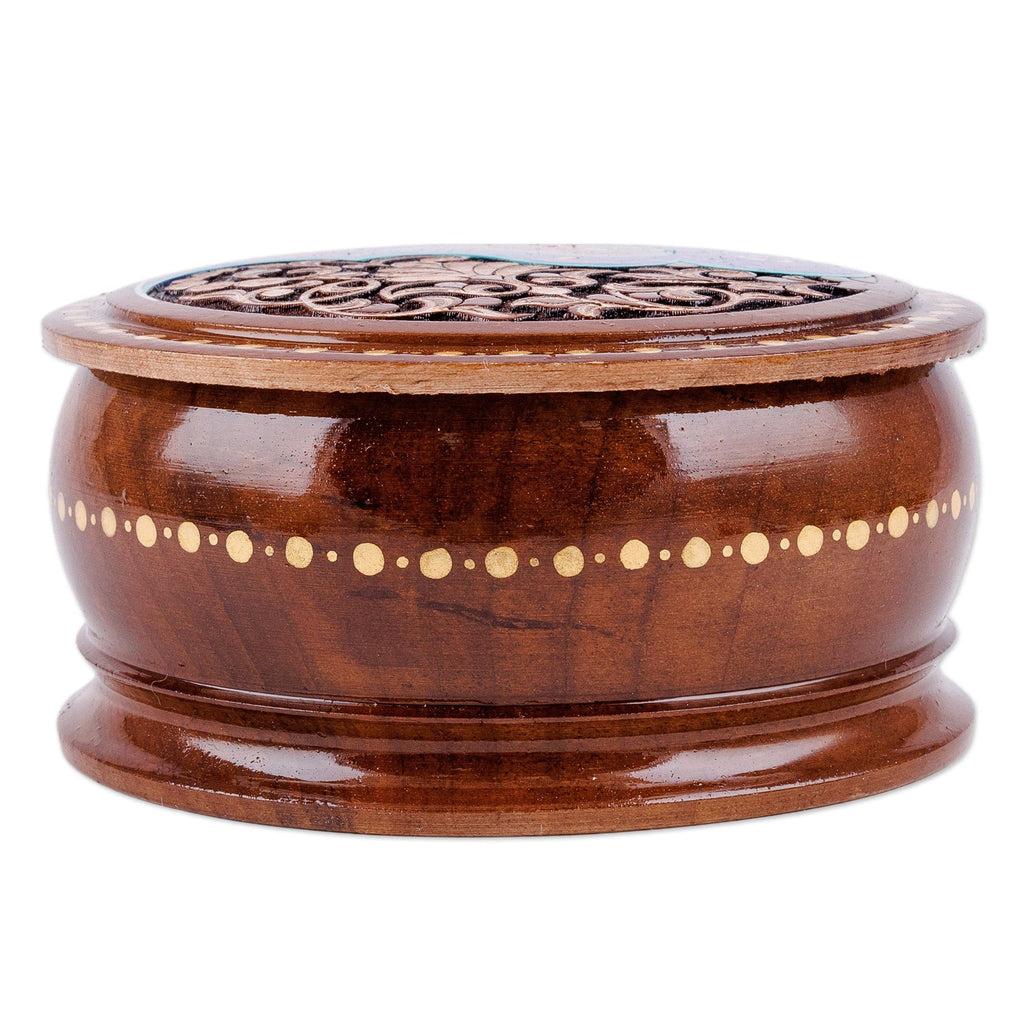 Brown and Blue Wood Jewelry Box with Paisley & Floral Motifs - Azure Paisley Glory