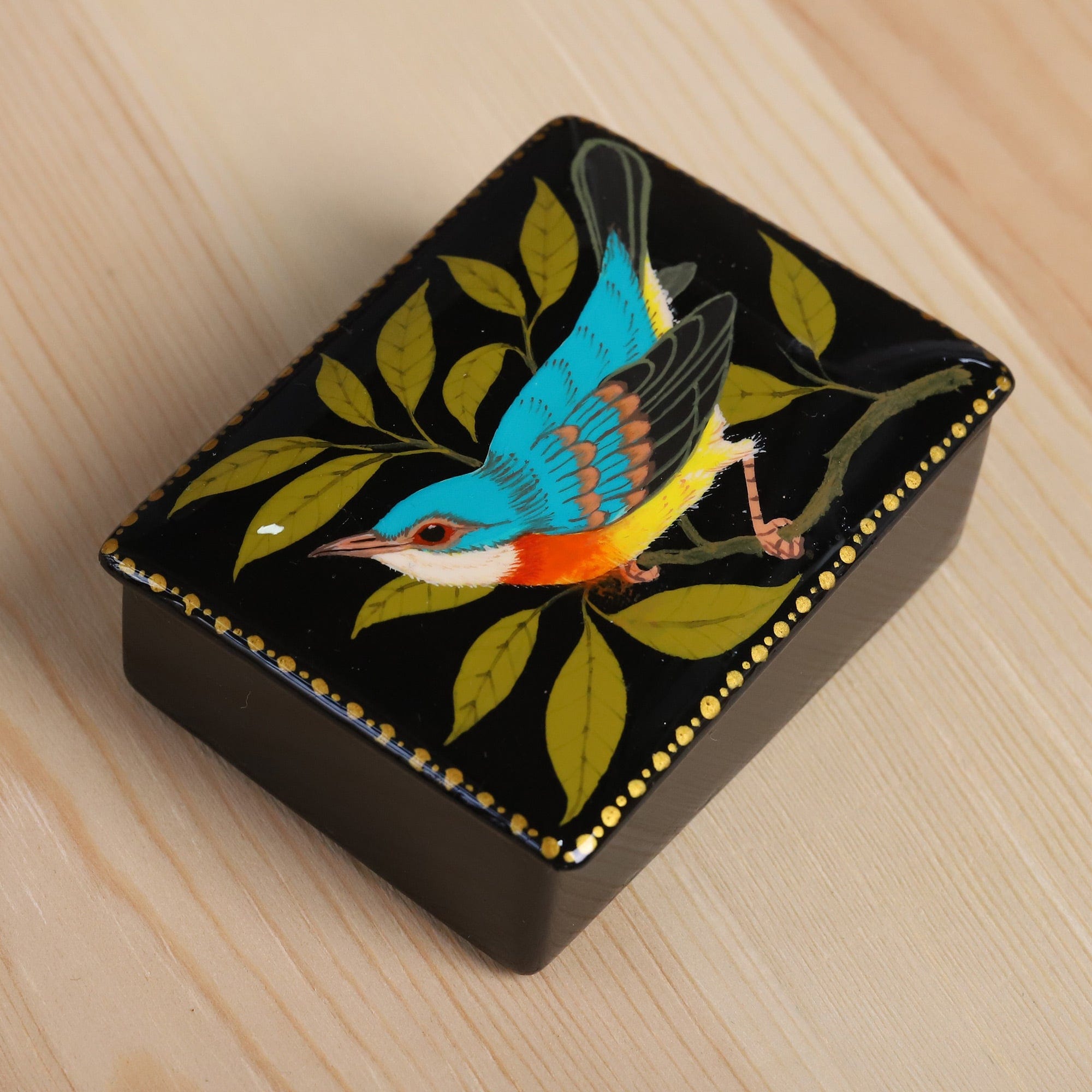 Hand-Painted Bird-Themed Black Papier Mache Jewelry Box - Midnight's Bird