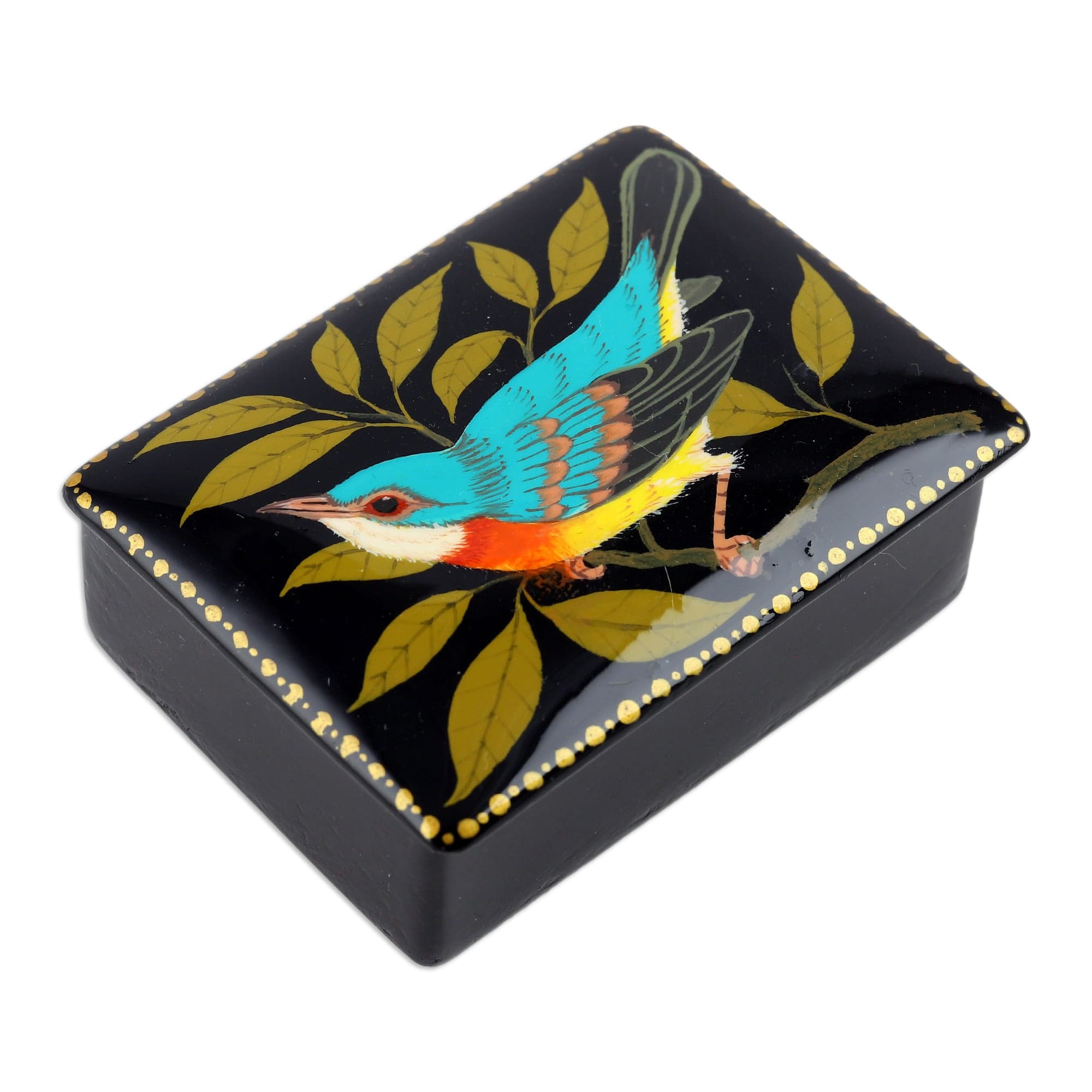 Hand-Painted Bird-Themed Black Papier Mache Jewelry Box - Midnight's Bird