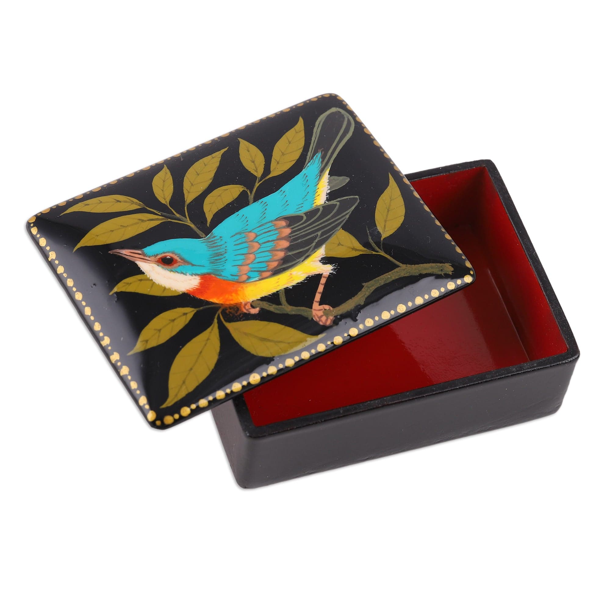 Hand-Painted Bird-Themed Black Papier Mache Jewelry Box - Midnight's Bird