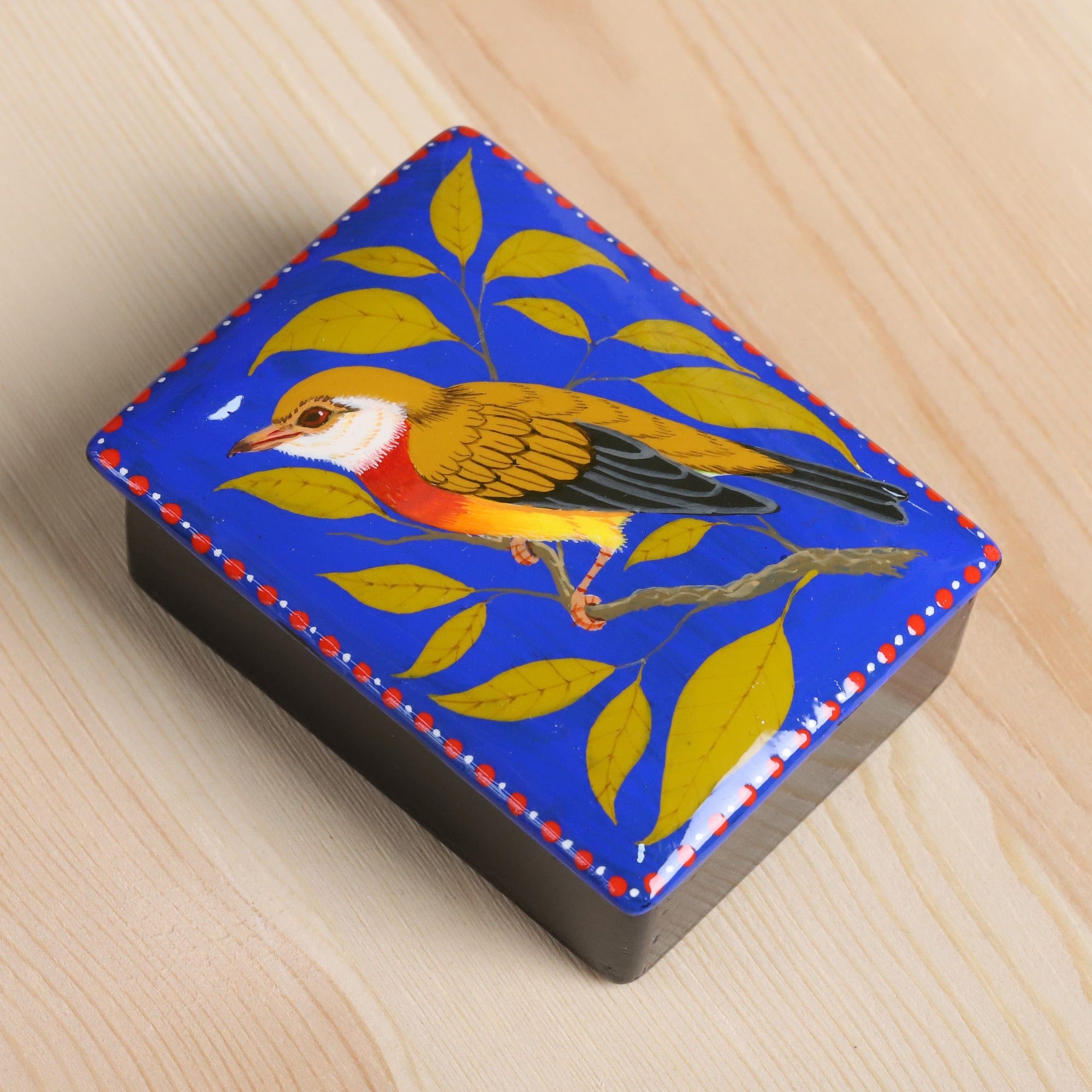 Hand-Painted Bird-Themed Blue Papier Mache Jewelry Box - Paradise's Bird