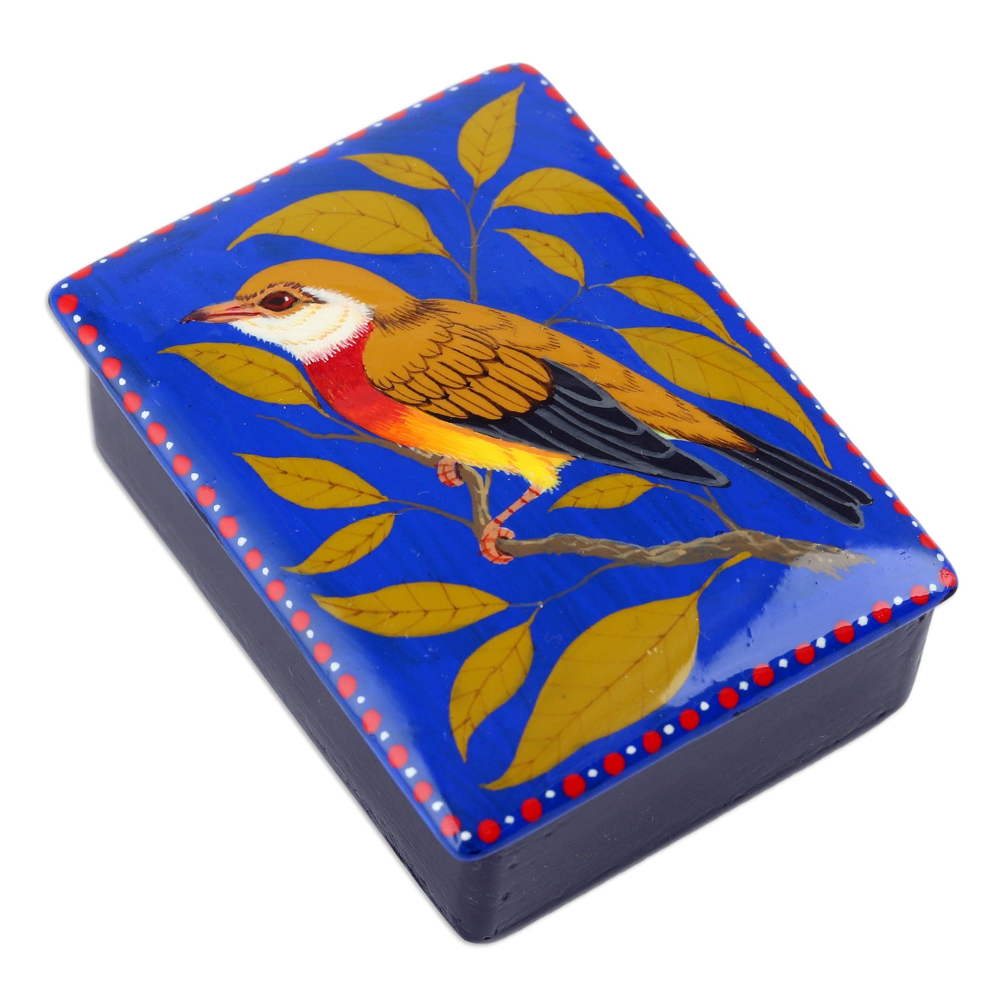 Hand-Painted Bird-Themed Blue Papier Mache Jewelry Box - Paradise's Bird