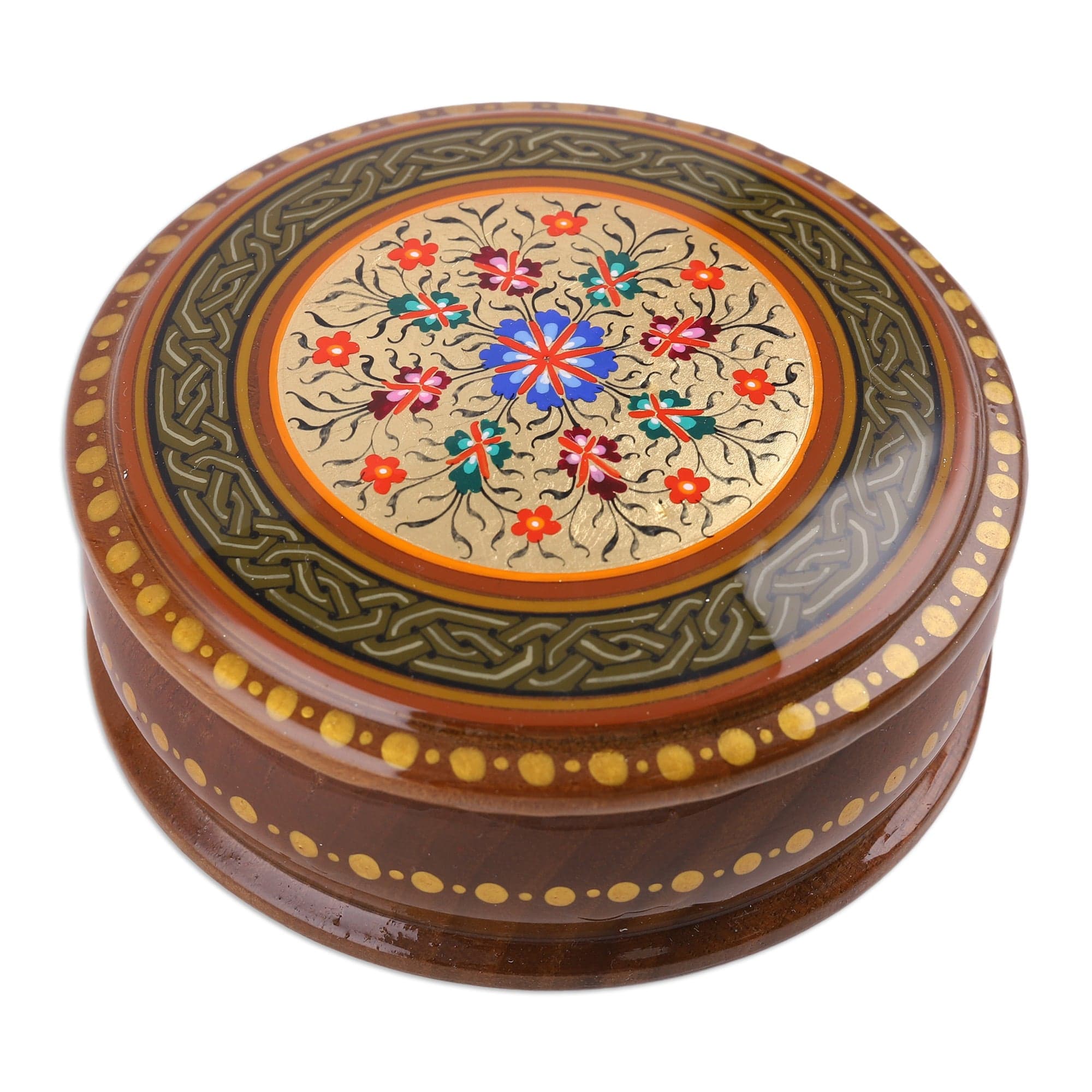 Handcrafted Floral Golden and Brown Walnut Wood Jewelry Box - Cycle of Nobility