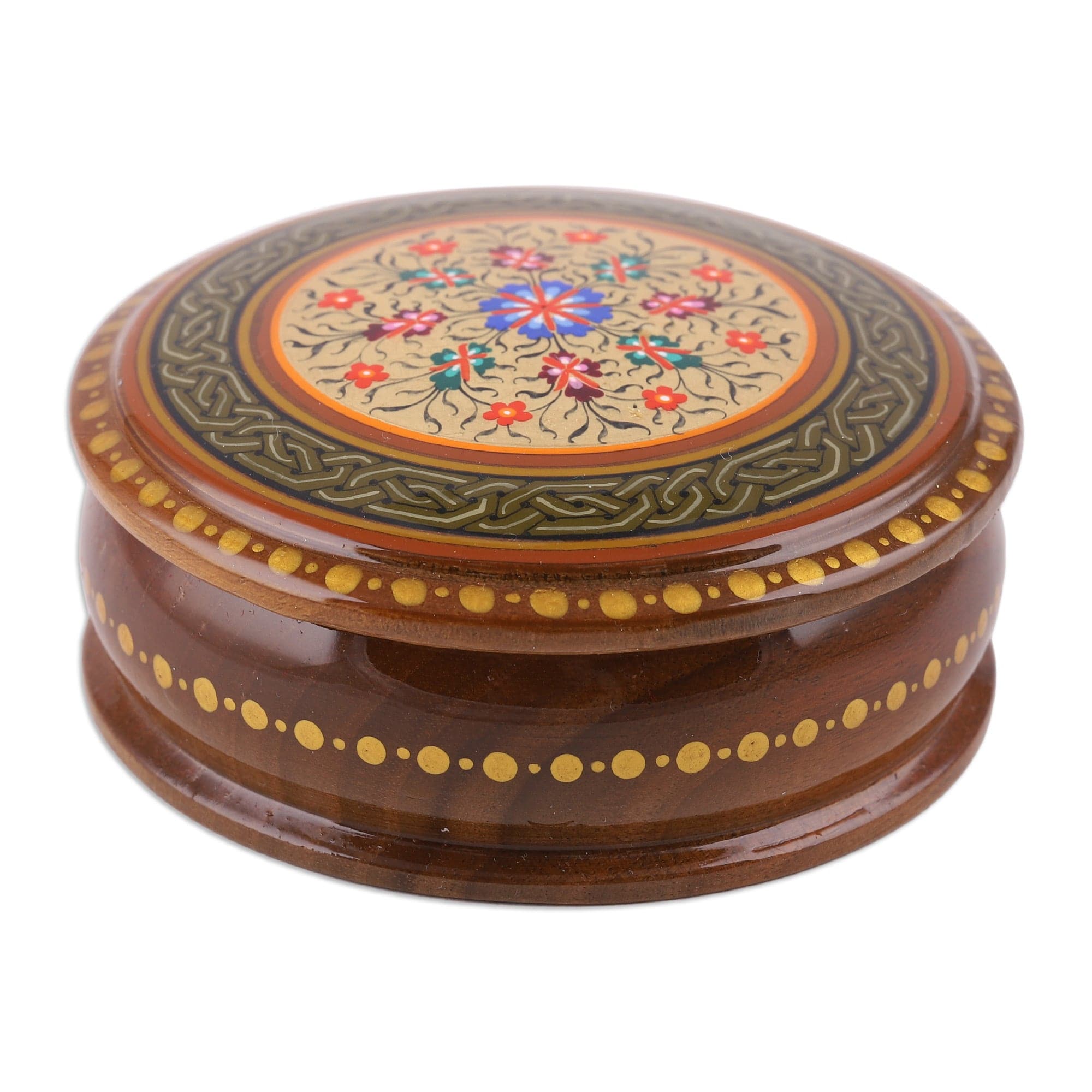 Handcrafted Floral Golden and Brown Walnut Wood Jewelry Box - Cycle of Nobility